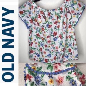 Old Navy Tropic Garden Pom Pom Trimmed Summer Top
